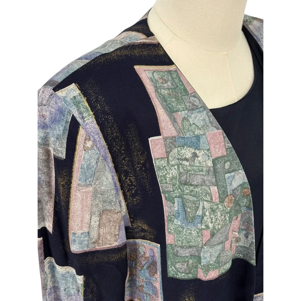 K.C. Spencer Vintage 2-Piece Dress Set Navy Abstract Gold 100% Rayon Size 12